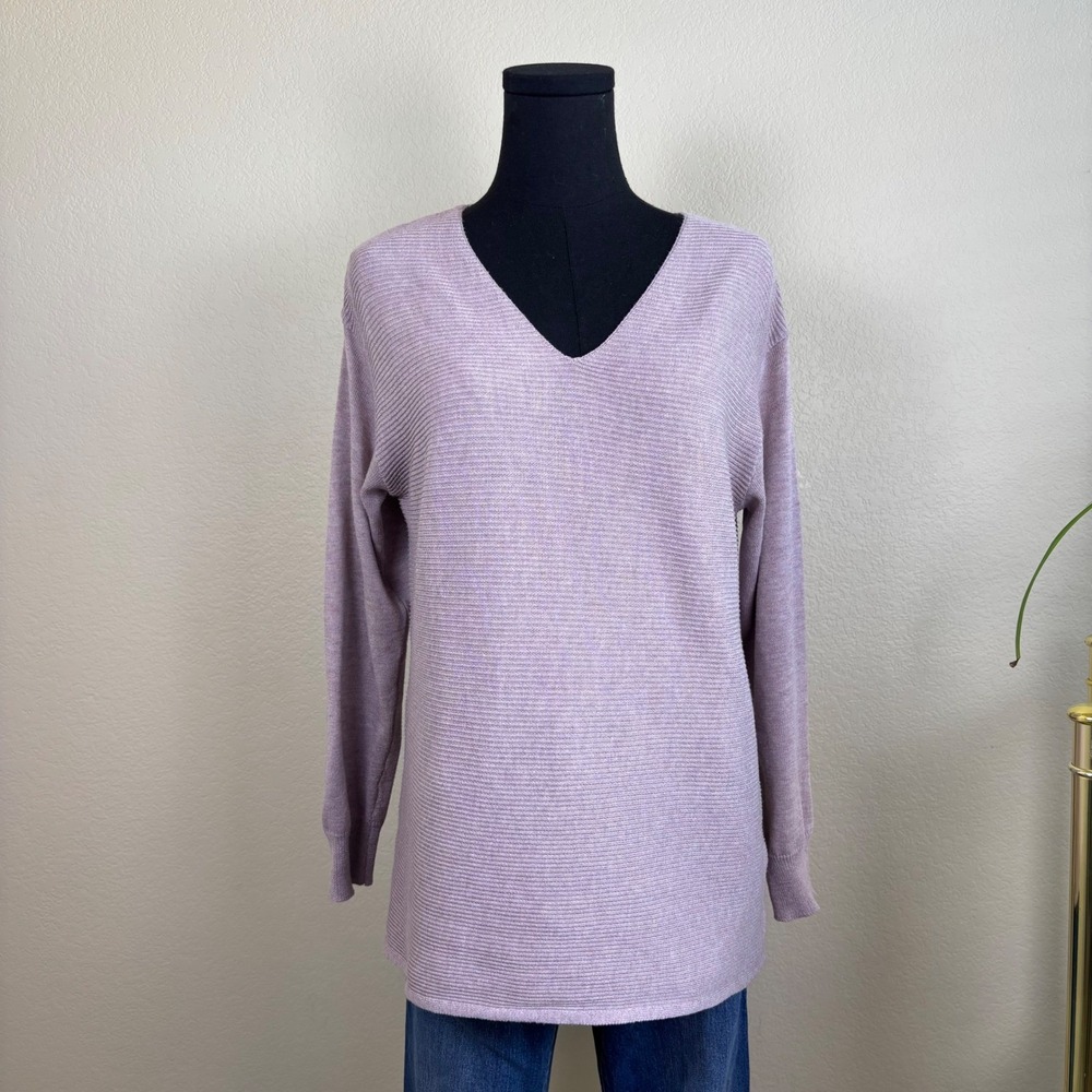 Ella Moss V Neck Ribbed Sweater, Lilac Small | Boutique Clean Girl Casual Office